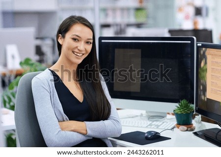 Woman, smile and portrait with computer in office for internet, research online and website for company. Young person, editor and confident with tech for email and creative project for work or job
