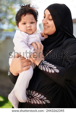Baby girl, hug and Muslim mom in hijab outside house for religious celebration, ramadan and young child at home. Islamic female, Arab infant and bonding together in backyard of family dwelling.