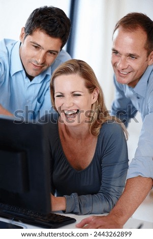 Business people, smile and Pc with laugh in office for funny email, feedback or media post. Employees, happy and comedy with computer for communication, connectivity and break in company meeting