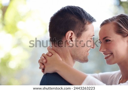Embrace, couple and smile for love in marriage, nature and romance or care in outdoors. People, hug and bonding or support for pride in relationship or commitment, loyalty and connection on date