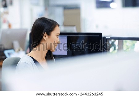 Woman, smile and computer in office for internet, research online or website for company. Young person, editor and happy with technology for email and creative project for work or job on split screen
