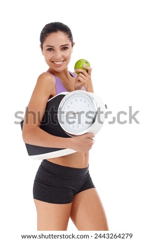 Portrait, scale and woman with weight loss, apple and healthy person isolated on white studio background. Face, girl and model with wellness, balance or exercise with diet plan, nutrition or benefits