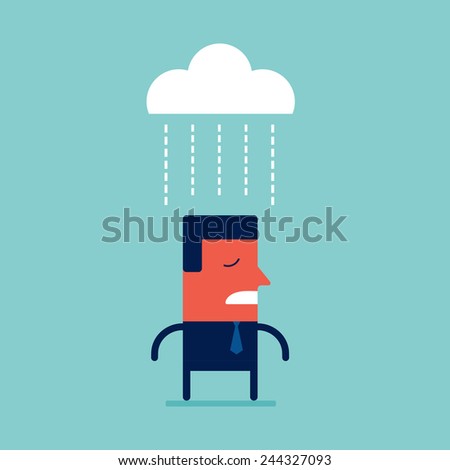 Businessman under brainstorming concept Depressed business man walking down the rain