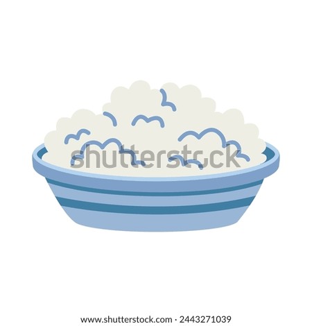 Bowl with cottage cheese, cartoon style. Vector illustration isolated on white background, hand drawn, flat design Royalty-Free Stock Photo #2443271039