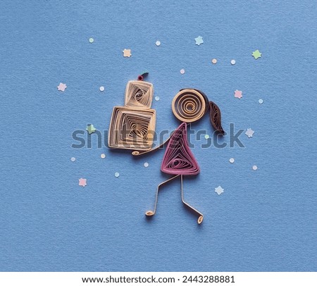 quilled stick figure girl giving a cake. Happy birthday. Surprise. Celebrating Holiday or Important Event. greeting cards. Hand made of paper quilling technique. Handicraft at home. Hobby, home office