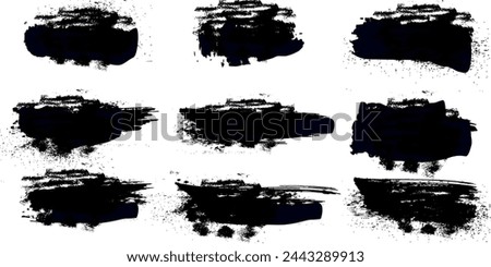 Black dried paintbrush with splattered effect in dirty style. Isoleted black ink stencils for graphic design, text fields. Artistic graphic texture of ink brush stroke, callouts. Vector set line