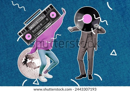 Photo cartoon comics sketch collage picture of funky couple vintage music devices instead head isolated blue color background