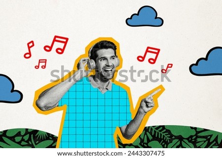 Collage artwork picture of cheerful glad man having fun listening music modern device isolated on creativer painted background