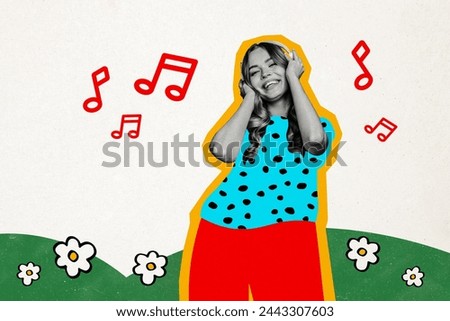 Composite collage picture image of funny female listen music earphones have fun notes radio summer fantasy billboard comics zine