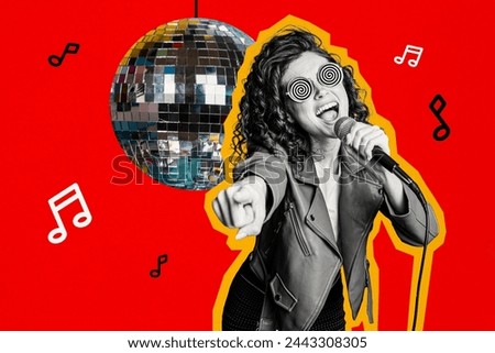 Collage artwork sketch of funny talented female performer singing song karaoke club isolated on creative painted background