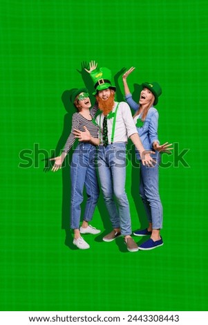 Trend artwork composite sketch image 3D photo collage of three young attractive colleagues celebrate saint patrik day wear green hat Royalty-Free Stock Photo #2443308443