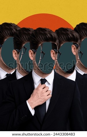 Composite trend artwork sketch image 3D photo collage of young fashion cloned group guy faceless empty space instead hold hand on tie