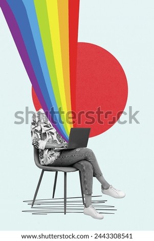 Photo collage artwork minimal picture of lady typing modern device rainbow cover face isolated graphical background