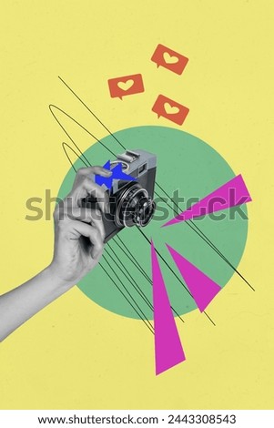 Vertical collage image of black white effect arm hold retro photocamera like notification isolated on drawing background
