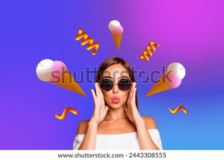 Creative collage picture young fashion stylish girl sunglass blow lips ice cream delicious food coquette drawing background