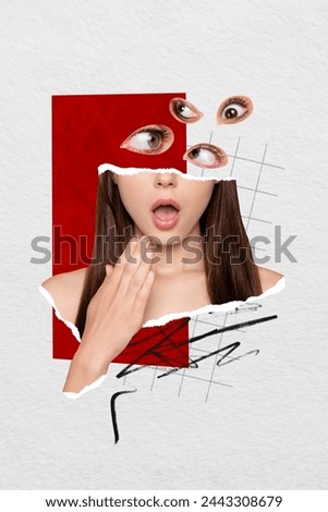 Vertical image collage of young girl without eyes sketch pattern fragment fear shock gesture open mouth checkered isolated on painted background Royalty-Free Stock Photo #2443308679