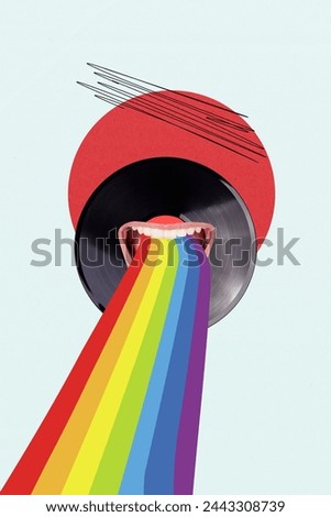 Composite trend artwork sketch image 3D photo collage of vinyl record music player huge lips with rainbow lgbt from mouth instead