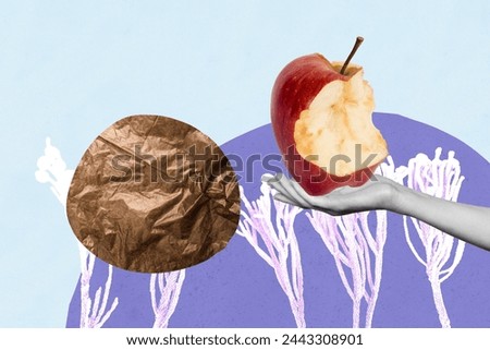 Composite collage picture of black white effect arm hold bitten apple painted plant isolated on creative background
