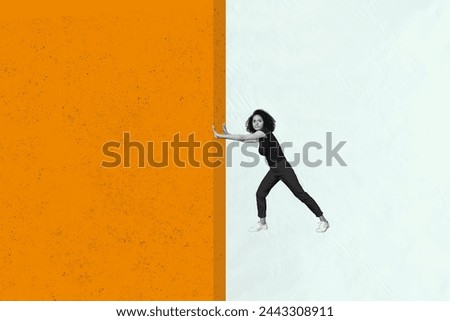 Creative abstract photo collage young calm woman balance holding geometric wall hard strong orange black white filter problem solving