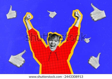Composite collage picture image of funny female good quality approve thumb up gesture raise fists winning billboard comics zine