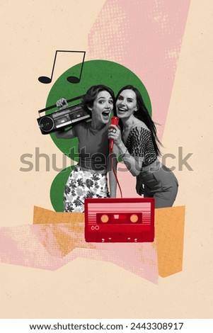 Vertical collage young two best friends karaoke signers perform song microphone entertainment boombox cassette player drawing background