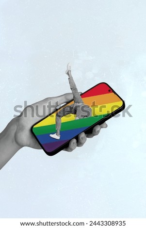 Vertical collage picture of black white colors arm hold smart phone screen mini girl bridge stand rainbow flag isolated on blue background