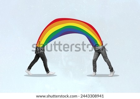 Creative collage picture two headless man body fragment rainbow symbol colorful pride freedom gender tolerance diverse community support