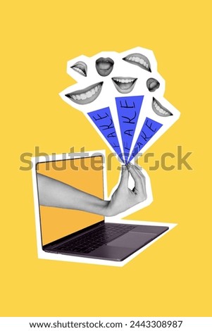 Vertical photo collage of hand peek macbook screen fake news propaganda mouth expressions emotions scam isolated on painted background
