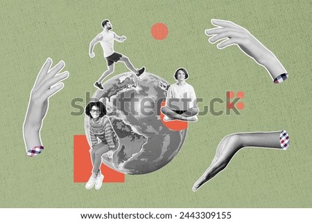 Composite sketch image trend artwork photo collage of earth planet globe three friends international conversation huge hands fly around