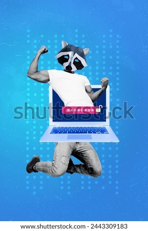 3D photo collage composite trend artwork sketch image of man show arm muscle headless raccoon face instead appear from laptop screen
