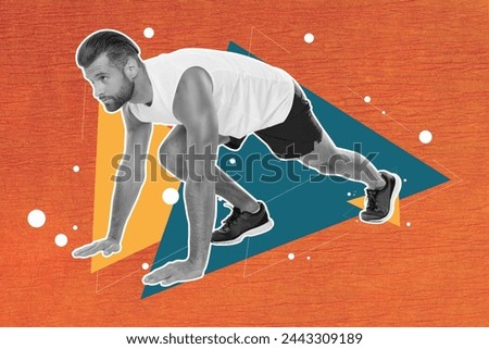 Creative collage picture young determined young persistent man athlete sportive active hobby race runner start drawing background
