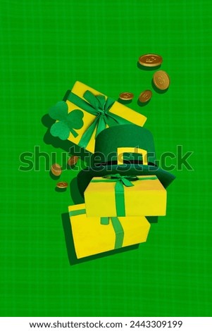 Vertical creative collage picture saint patrick day giftbox celebration shamrock leaf green plant green fortune symbol wealth money