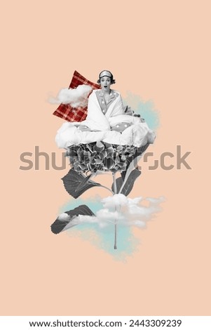 Vertical creative picture photo collage young sitting girl sleepover nightmare dream clouds sky comfort blanket drawing background
