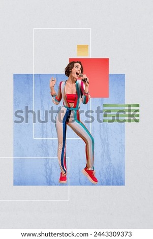 Collage vertical picture of cheerful funny young girl sing songs karaoke club have fun isolated on creative 3d background