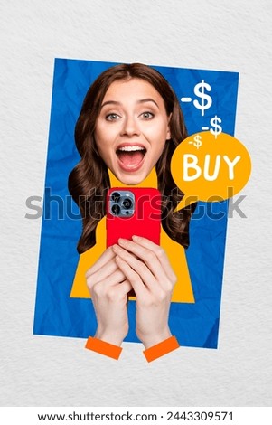 Vertical photo collage of happy cheer girl hold iphone buy shopping minus money dollars withdrawal expensive isolated on painted background