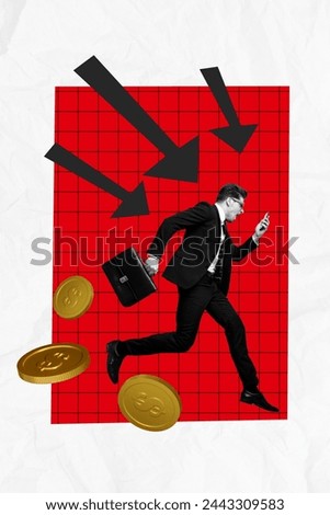 Vertical photo collage of angry man wear suit scream hold iphone run graph defeat failure crisis down coin isolated on painted background