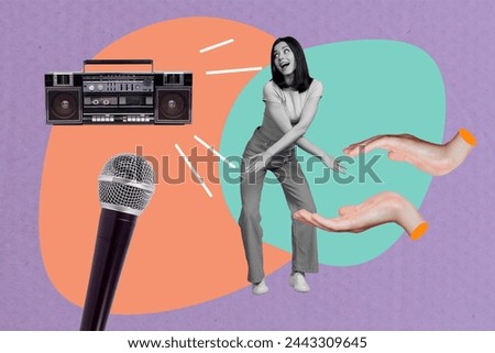 Creative collage picture young happy energetic dancing girl have fun karaoke bar microphone singer performance 3d hands applaud boombox