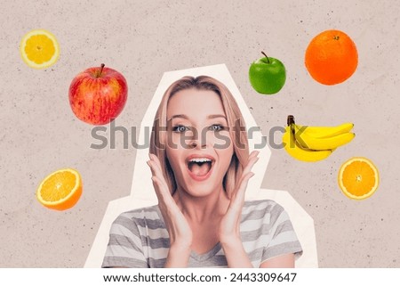 Creative collage photo picture young emotional girl fruits vitamins healthcare calories dieting fresh nutrition orange apple bananas