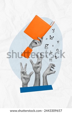 Vertical photo collage of hand hold orange book crowd arms catch letters study illiterate education glossary isolated on painted background