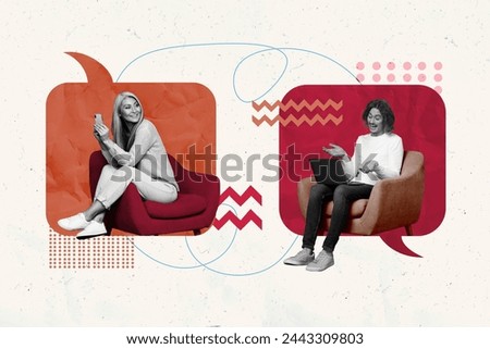 Trend artwork composite sketch image 3D photo collage of black white couple man lady have conversation type message sit in armchair