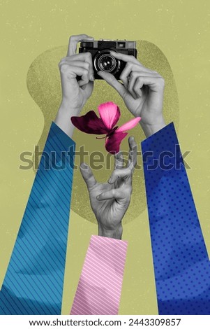 Vertical creative collage photo picture human hands hold camera shooting butterfly beauty envrionemnt photoset lens objective capturing