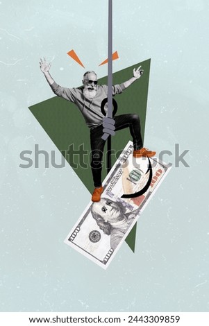 Vertical photo collage of happy grandfather fishing prize string hook dollars income catch finding rich isolated on painted background