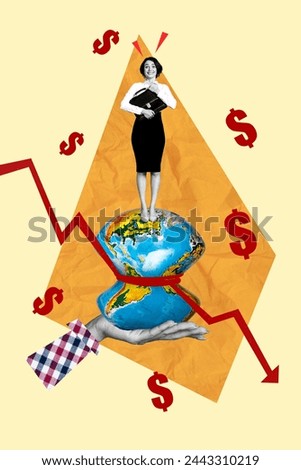 Sketch image composite trend artwork 3D photo collage of young attractive happy businesswoman stand on huge globe inflation arrow go down