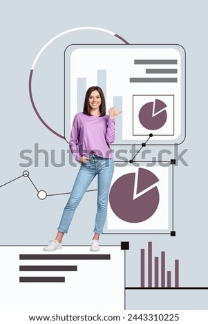 Vertical collage young standing girl smiling cheerful project manager infographics business results charts drawing presentation interface
