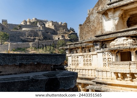 ancient fort ruins with bright blue sky from unique perspective at morning image is taken at Kumbhal fort kumbhalgarh rajasthan india.