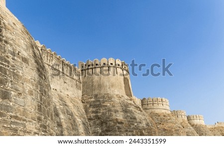 ancient fort exterior wall ruins with bright blue sky at morning image is taken at Kumbhal fort kumbhalgarh rajasthan india.