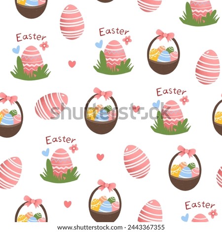 Vector cute easter set. An egg with ears and a chicken in an egg. Cute eggs. Basket with eggs. Cute Easter patterns.