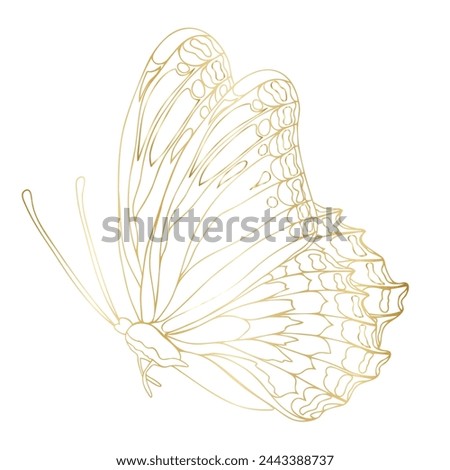 Butterfly golden foil art illustration. Insect butterfly for stickers, tattoo, silhouette, scrapbook. Winged summer animal. Vector hand drawn illustration, isolate on white background.