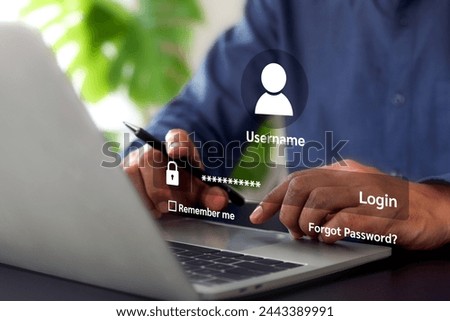 Hand touching login username and password icon for safety internet security access or user sign registration menu for social media member verification personal information account submit register.