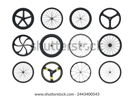 Bicycle wheels rubber tire for speed ride transportation side view set realistic vector illustration. Cycle transport tyre with valve for mtb mountain bike sport outdoor leisure activity